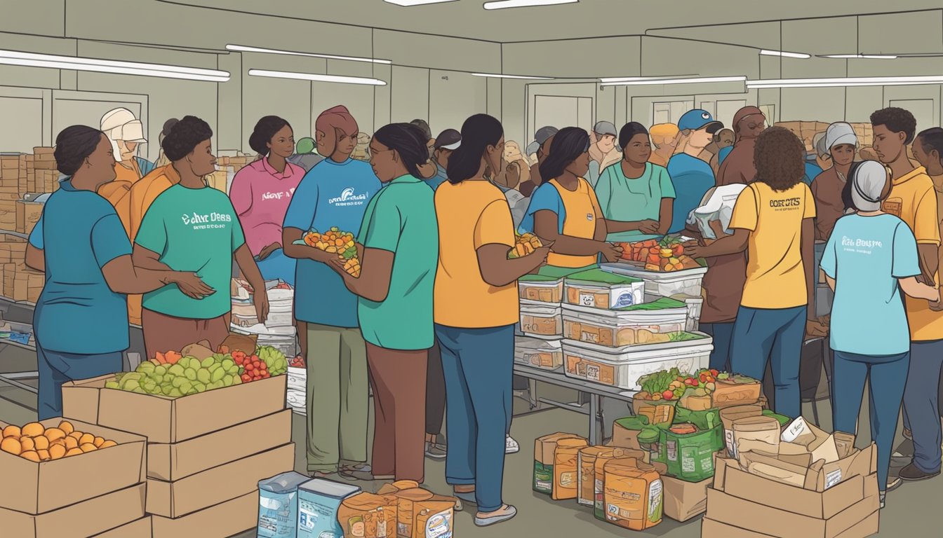 Volunteers distribute groceries and food at a bustling food pantry in Deaf Smith County, Texas. Recipients line up to receive free supplies