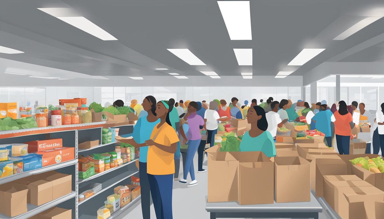 A bustling food pantry in Fort Bend County, Texas, with volunteers distributing free groceries to those in need