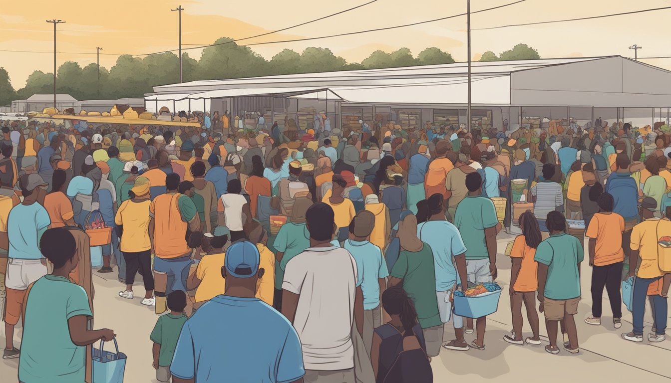 A line of people wait outside a food distribution center in Fort Bend County, Texas. Volunteers hand out free groceries and food to those in need