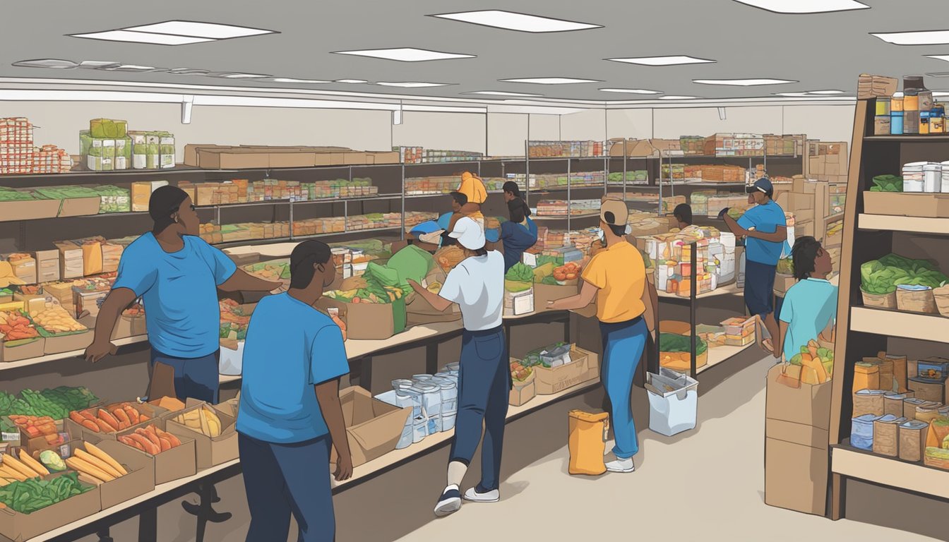 A bustling food pantry in Deaf Smith County, Texas, with volunteers distributing free groceries to those in need