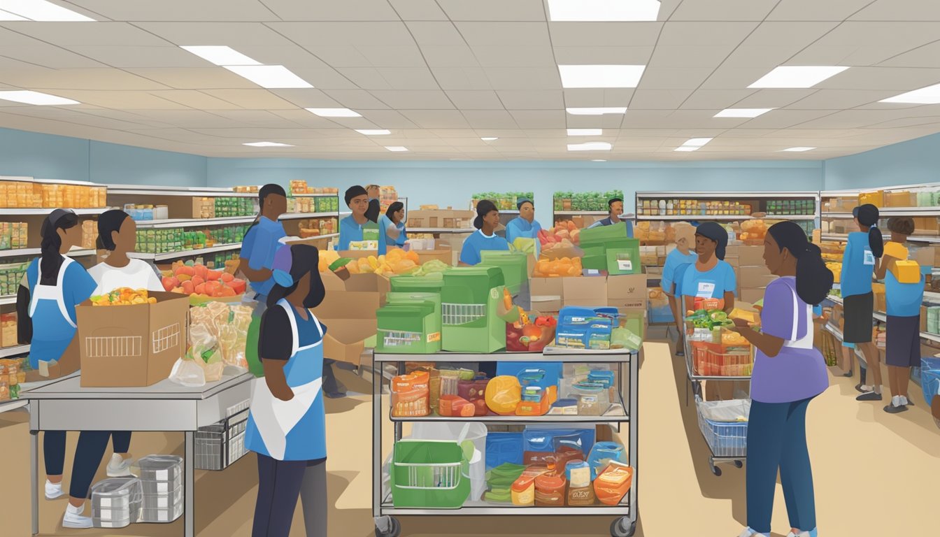 A bustling food pantry in Fort Bend County, Texas, with volunteers distributing groceries and providing comprehensive support to those in need