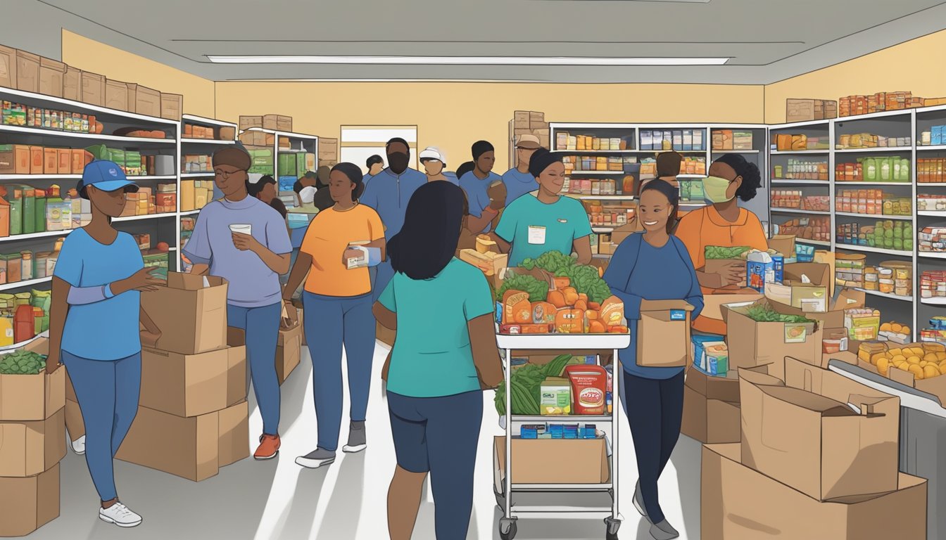 A bustling food pantry in Fort Bend County, Texas, with volunteers distributing free groceries to those in need