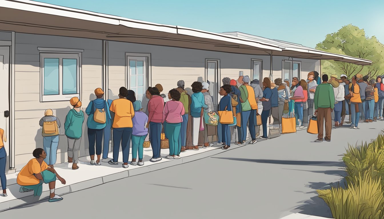 A line of people waiting outside a food pantry in Galveston County, Texas, with volunteers handing out free groceries