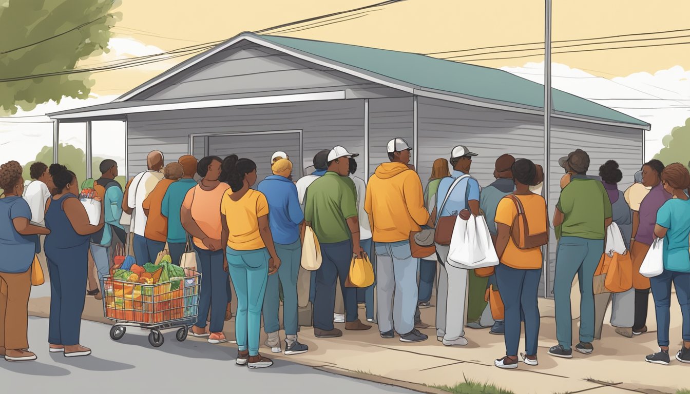 A line of people waiting outside a food pantry in Dewitt County, Texas, with volunteers handing out free groceries to those in need