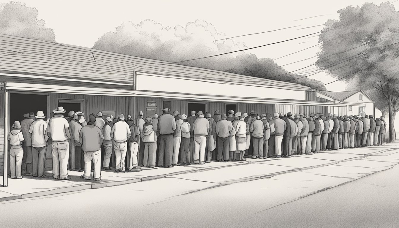 A line of people wait outside a food pantry in Dewitt County, Texas, hoping to receive free groceries and food assistance