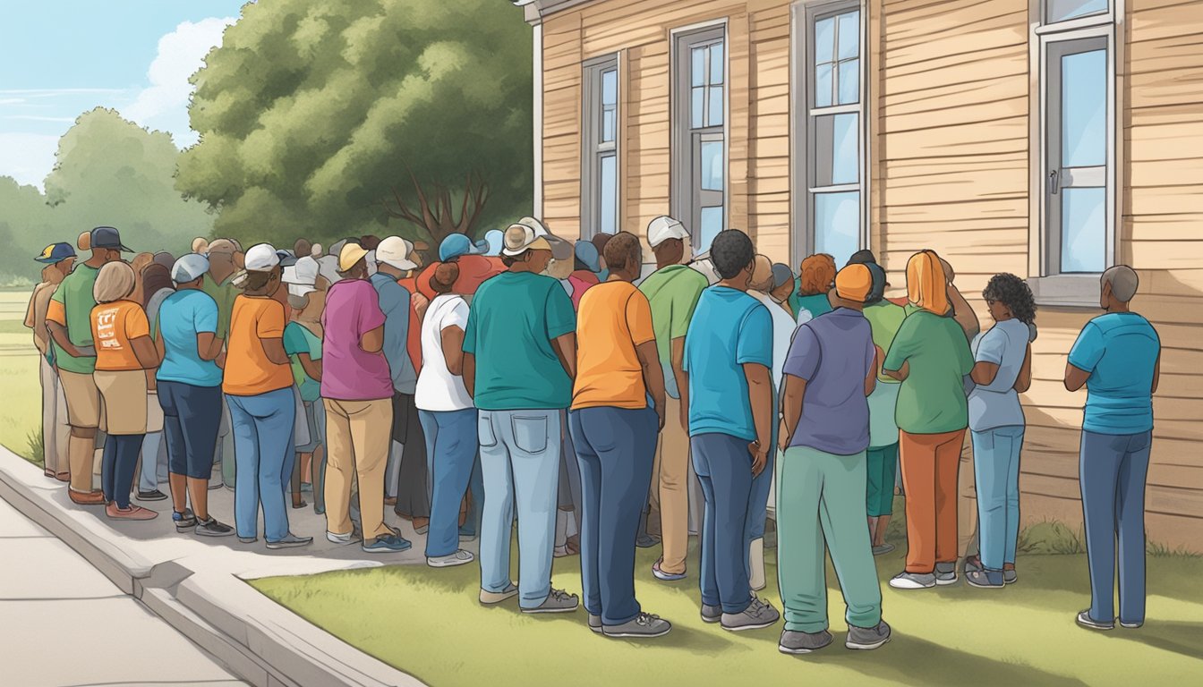 A line of people wait outside a food pantry in Dewitt County, Texas, as volunteers hand out free groceries to those in need