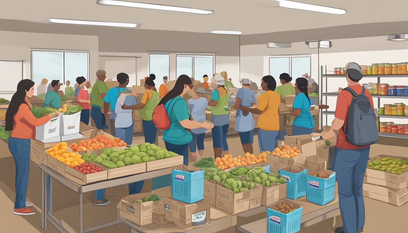 A bustling food pantry in Frio County, Texas, with volunteers handing out free groceries to those in need