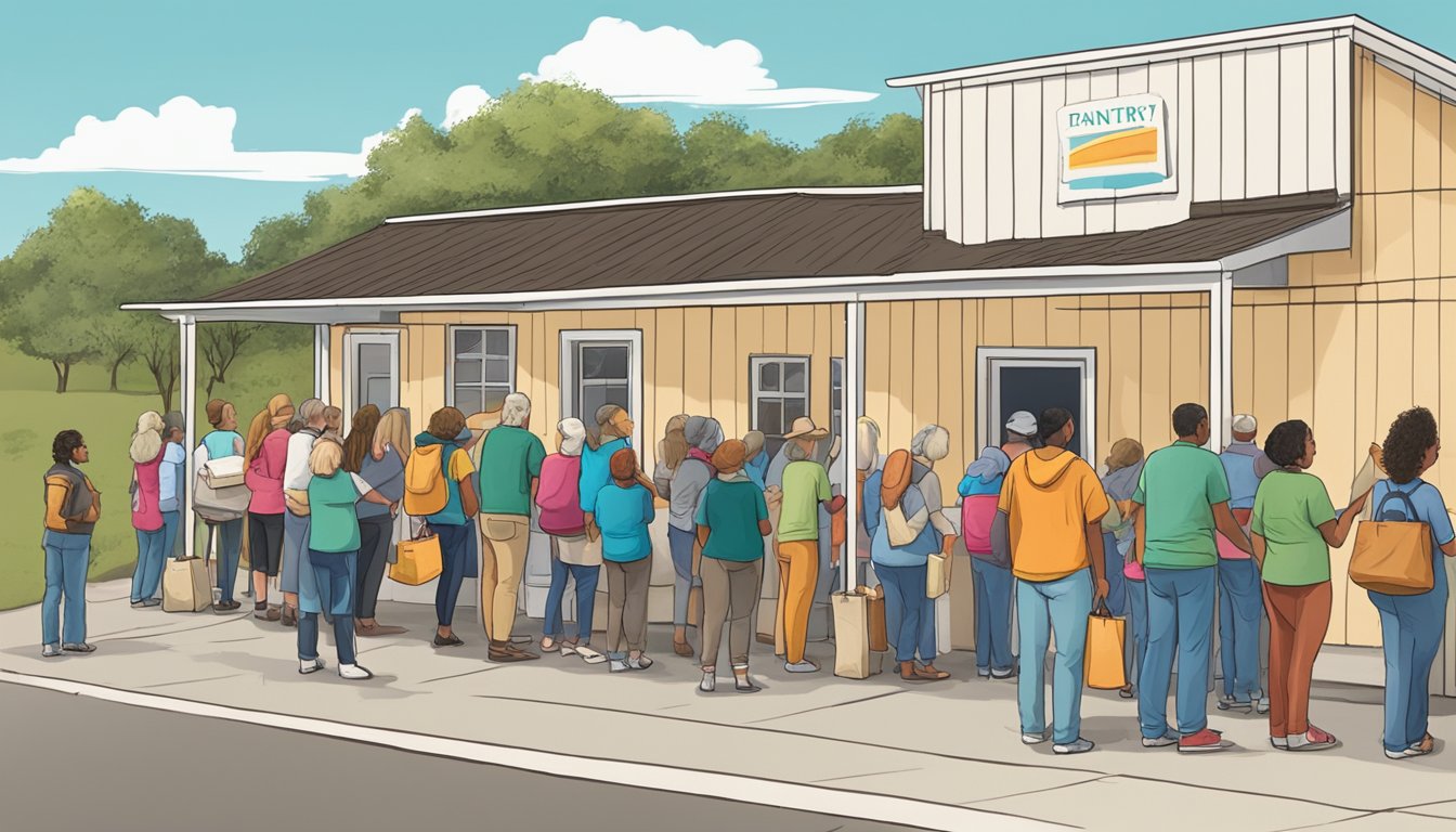 A line of people waiting outside a food pantry in Frio County, Texas, with volunteers handing out free groceries