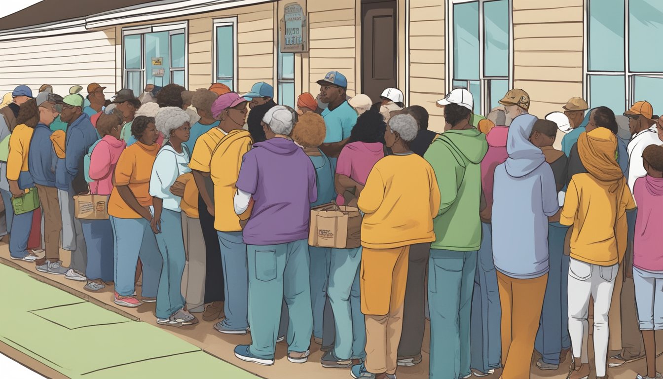 A line of people wait outside a small food pantry in Dewitt County, Texas, as volunteers hand out free groceries and food to those in need