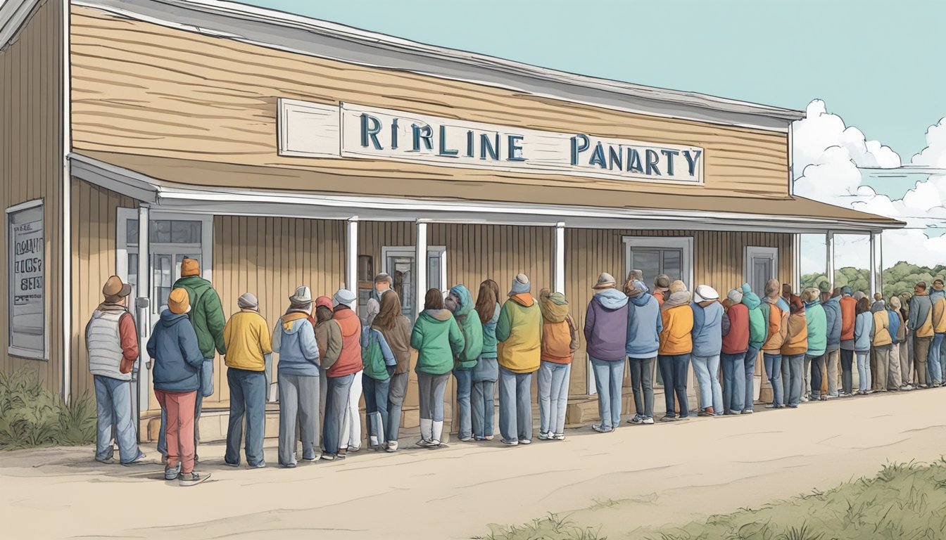 A line of people waits outside a food pantry in Frio County, Texas, as volunteers distribute free groceries to those in need