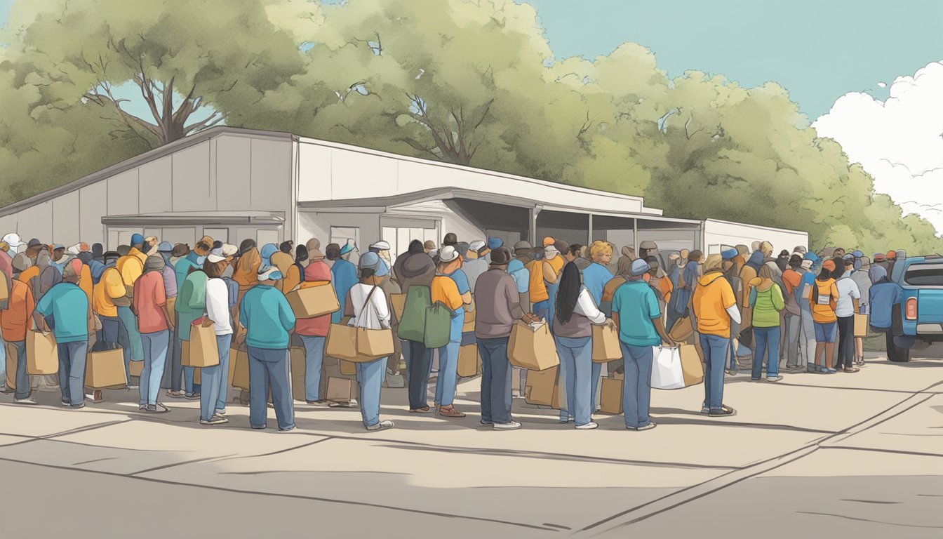 A line of people waiting outside a food distribution center in DeWitt County, Texas. Volunteers hand out free groceries and supplies to those in need