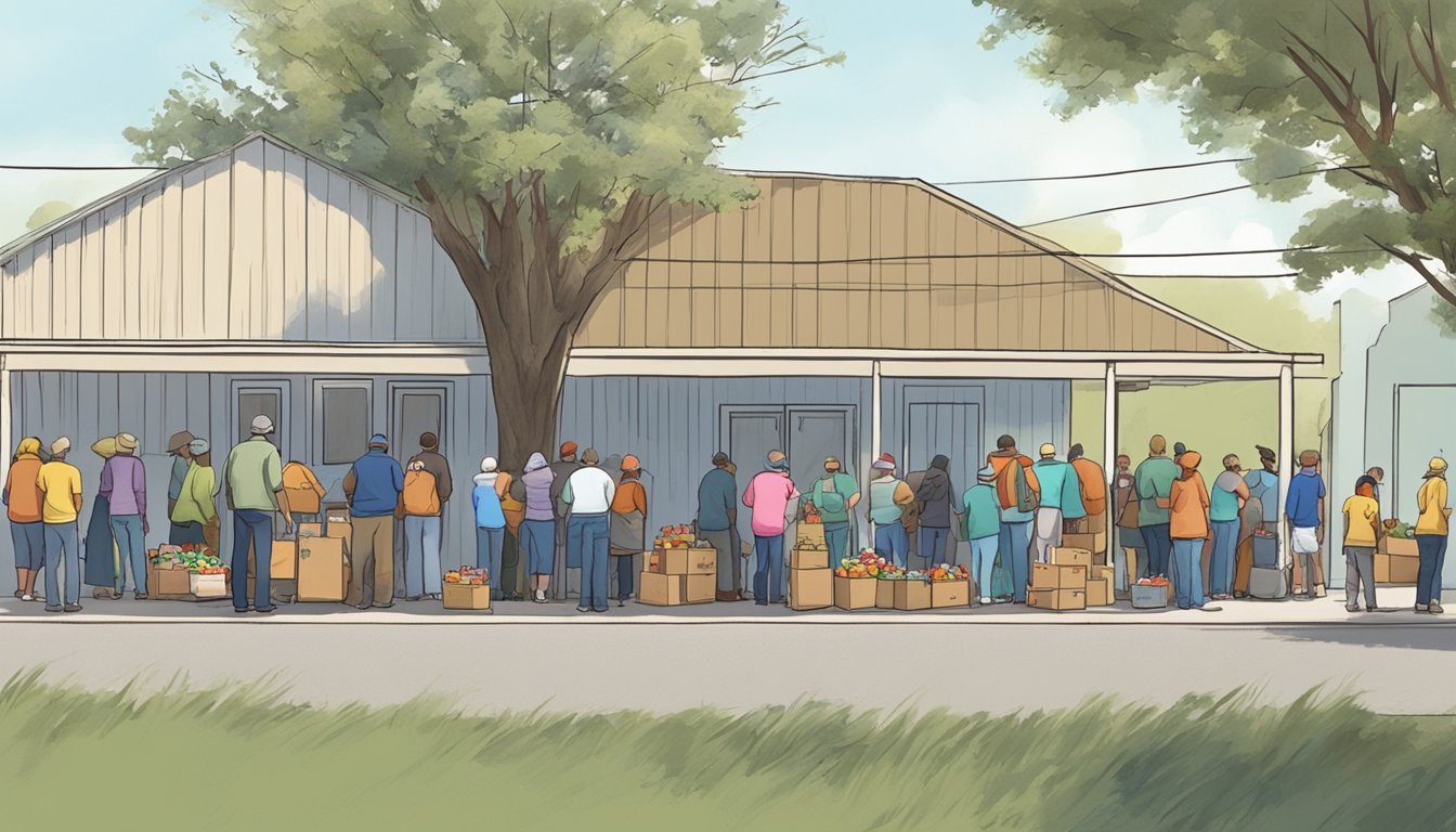 A line of people waits outside a small food pantry in Glasscock County, Texas. Volunteers hand out free groceries to those in need