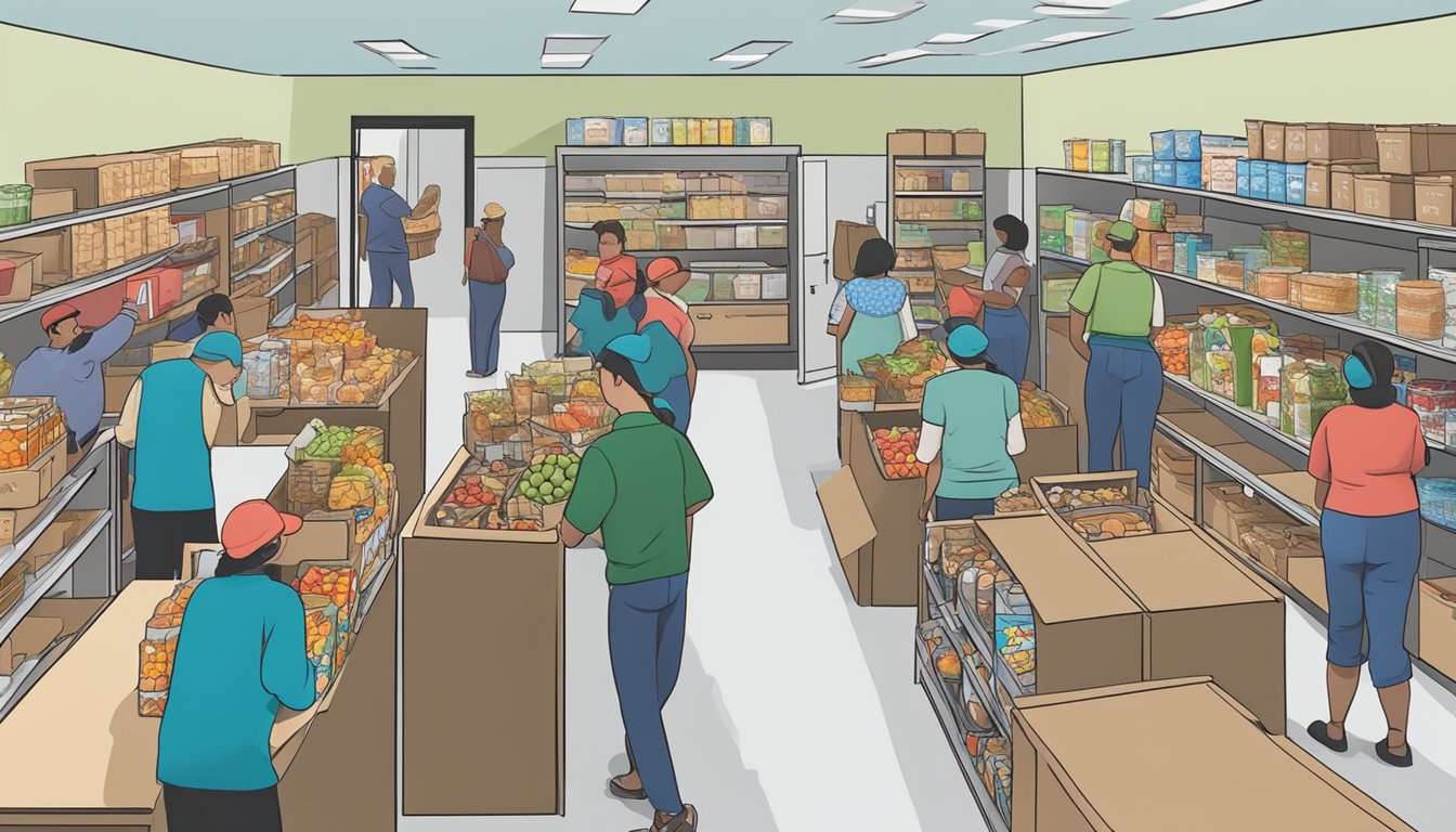 A bustling food pantry in Dewitt County, Texas, with volunteers distributing free groceries to those in need