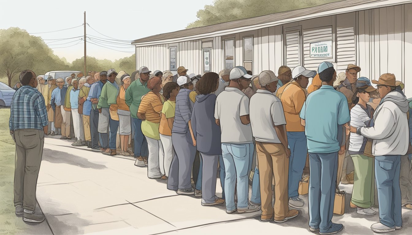 A line of people waiting outside a food pantry in Glasscock County, Texas, with volunteers distributing free groceries