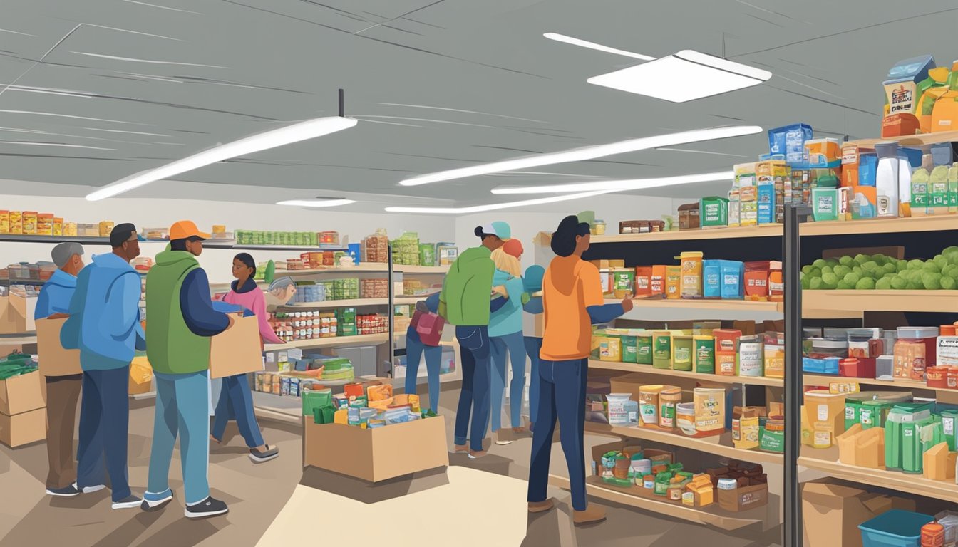 A bustling food pantry in Frio County, Texas, with volunteers distributing free groceries and providing nutrition counseling and education to those in need