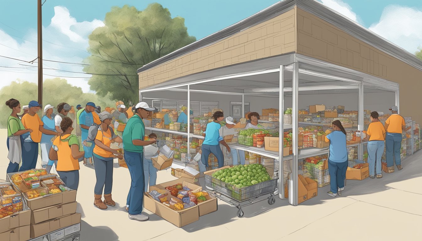 A bustling food pantry in DeWitt County, Texas, with volunteers distributing free groceries to those in need