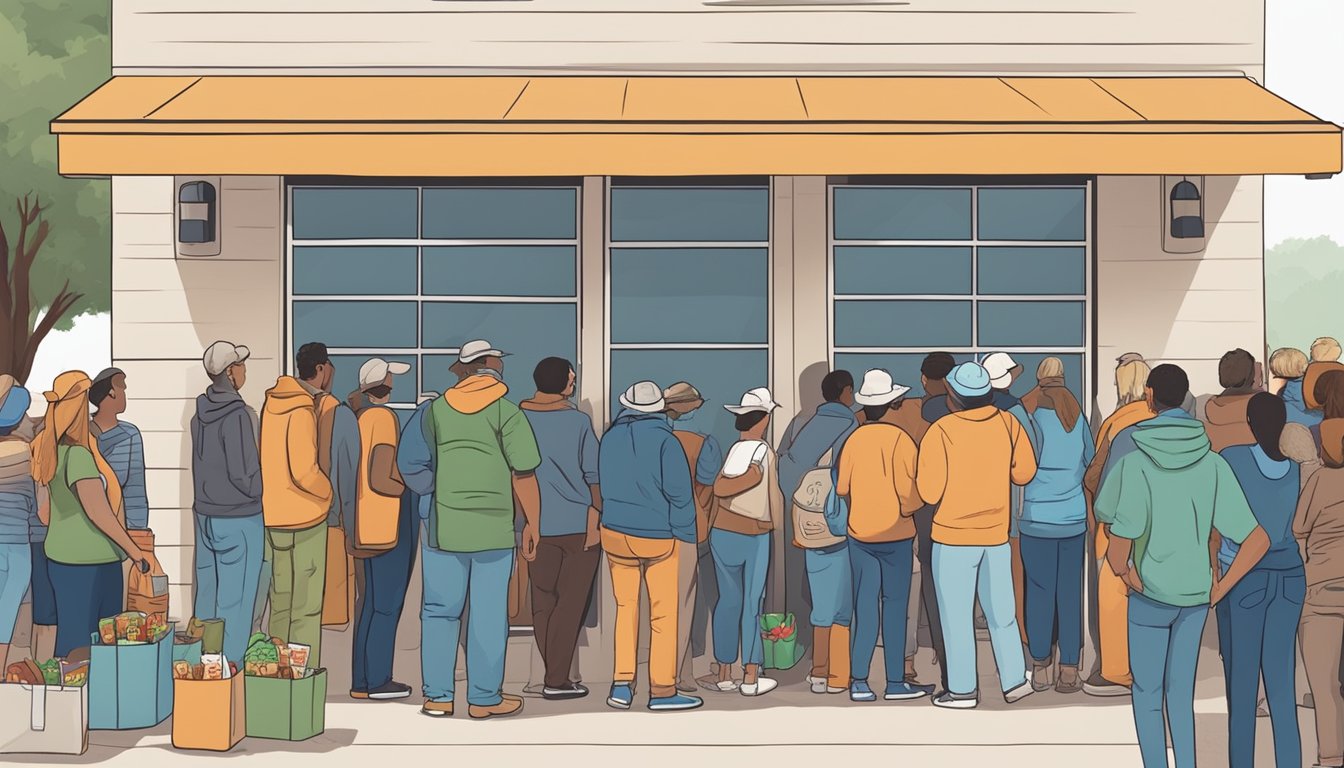 A line of people waiting outside a food pantry in Frio County, Texas, with volunteers distributing free groceries to those in need