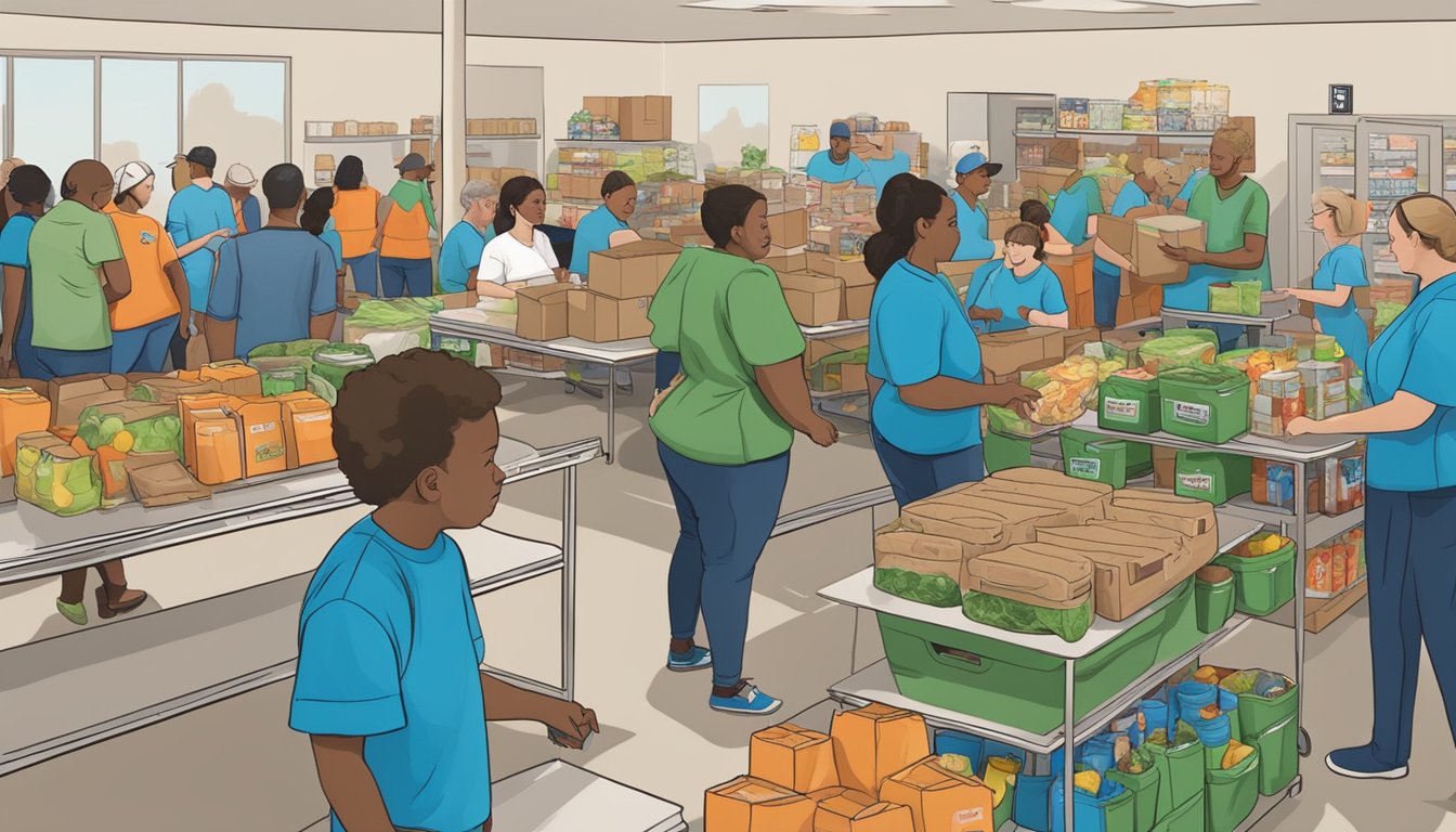 A bustling food pantry in Dewitt County, Texas, with volunteers distributing free groceries to those in need