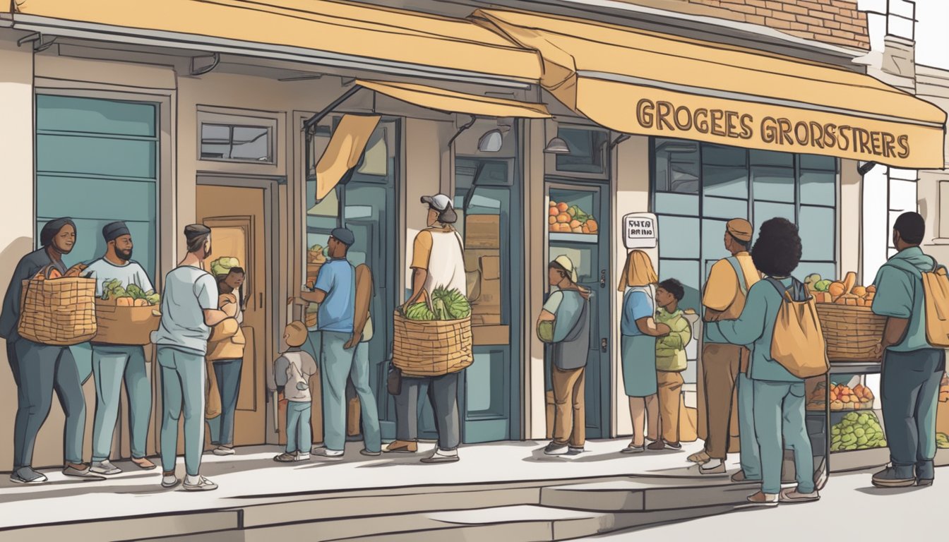 A line of people waits outside a small building with a sign reading "Free Groceries and Food Pantries." Volunteers hand out bags of groceries