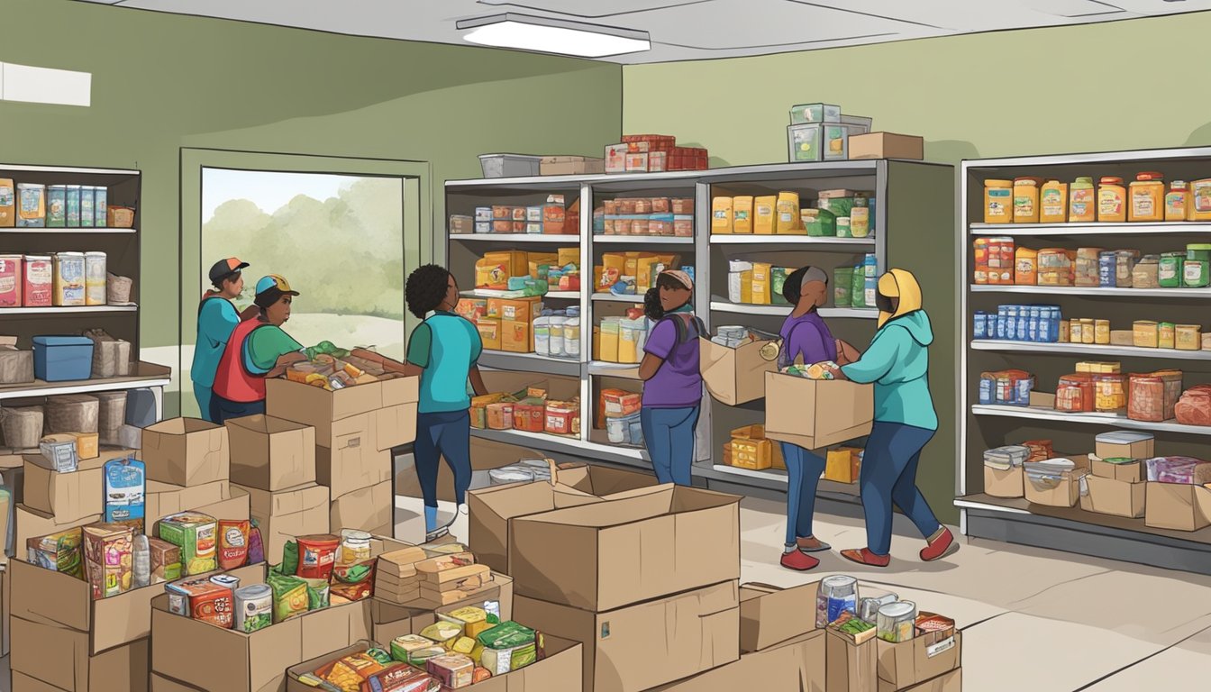 A bustling food pantry in Frio County, Texas, with volunteers distributing free groceries to those in need