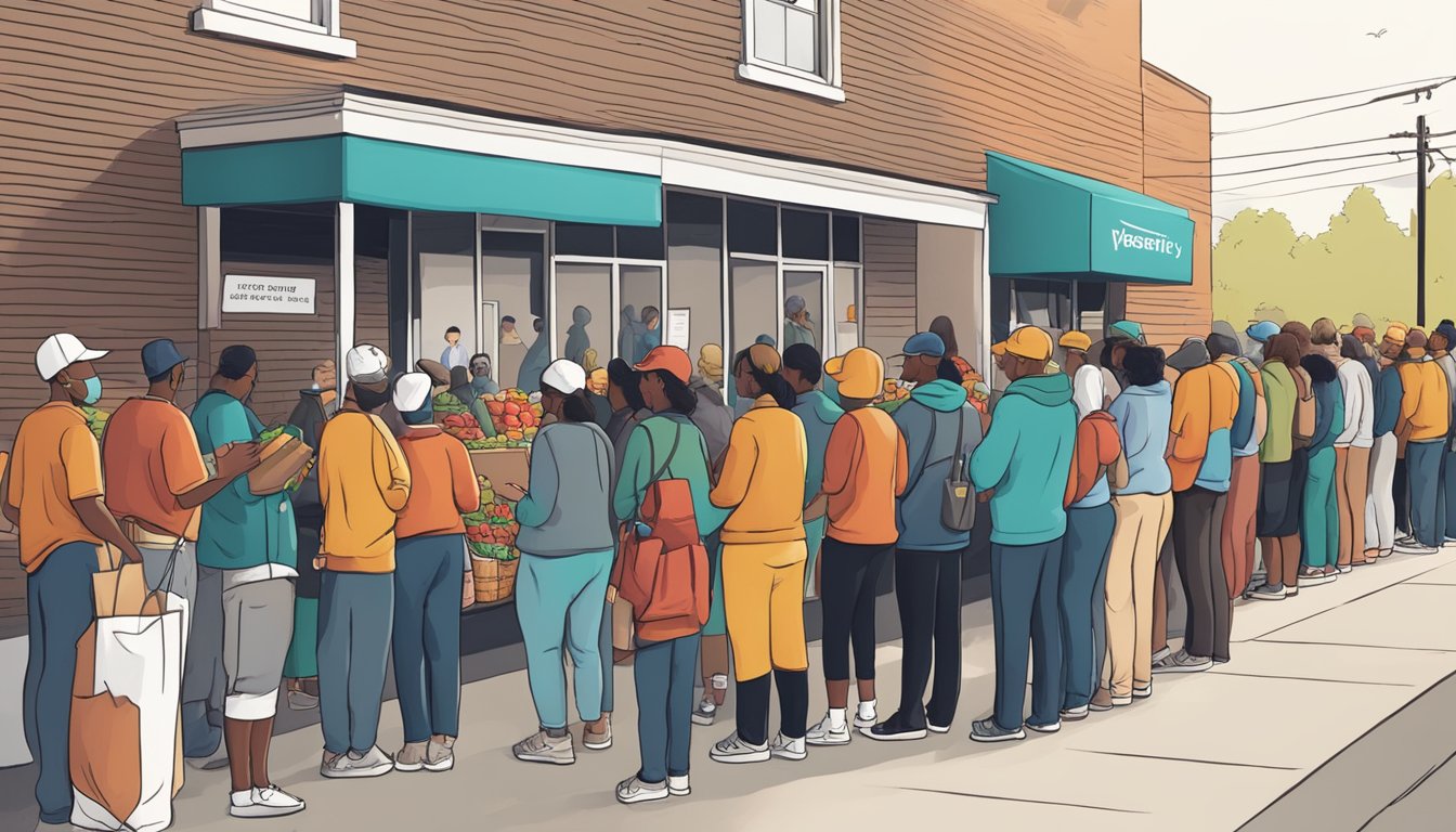 A line of people wait outside a small building, where volunteers hand out free groceries and food to those in need