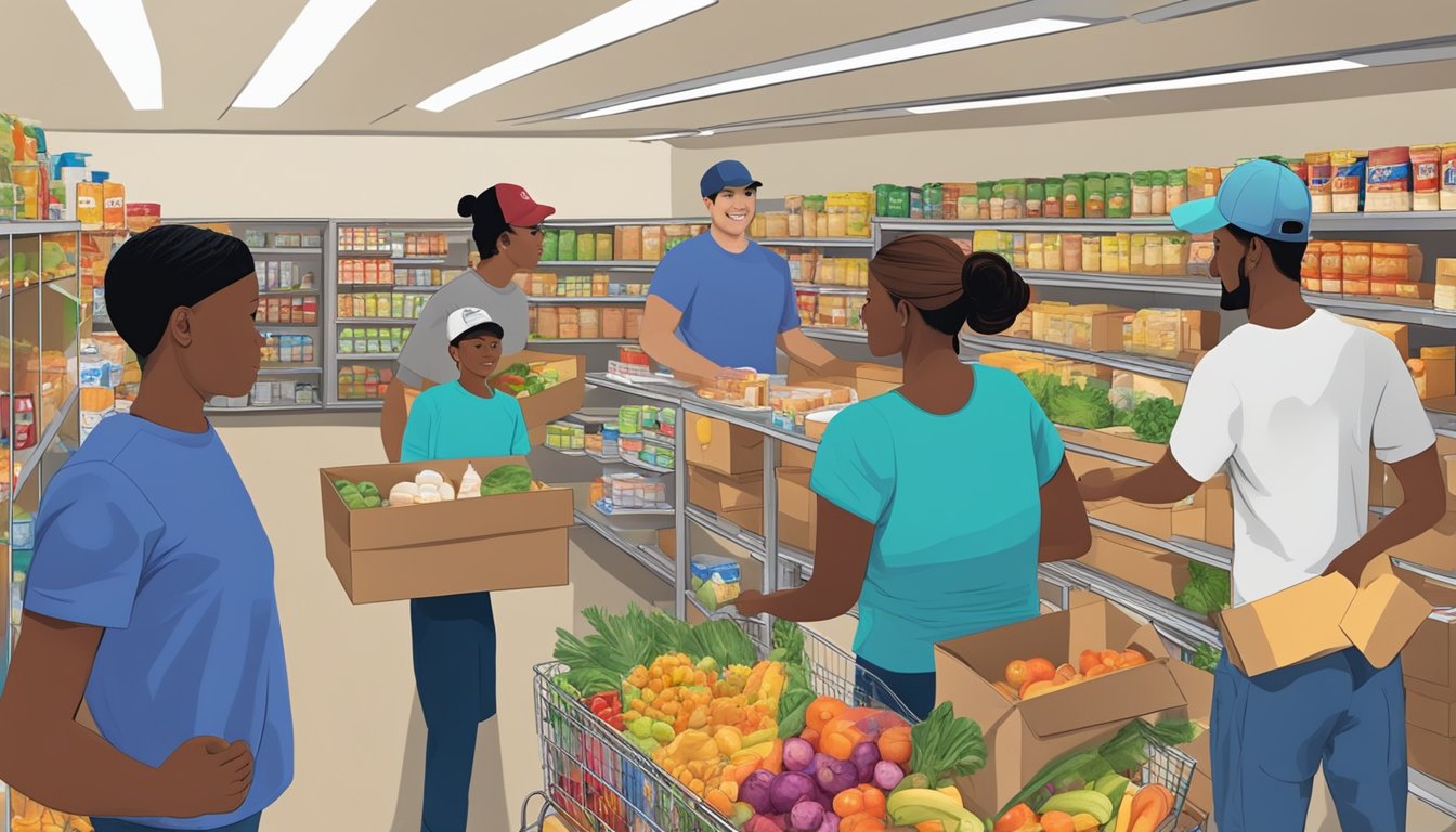 A bustling food pantry in Frio County, Texas, with volunteers distributing free groceries to those in need