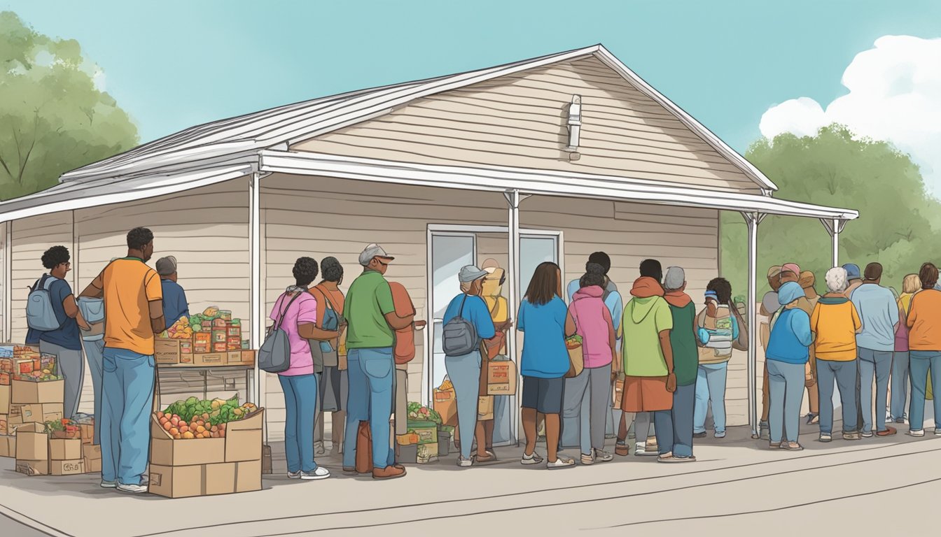 A line of people waiting outside a food pantry in Glasscock County, Texas. Volunteers distribute free groceries to those in need