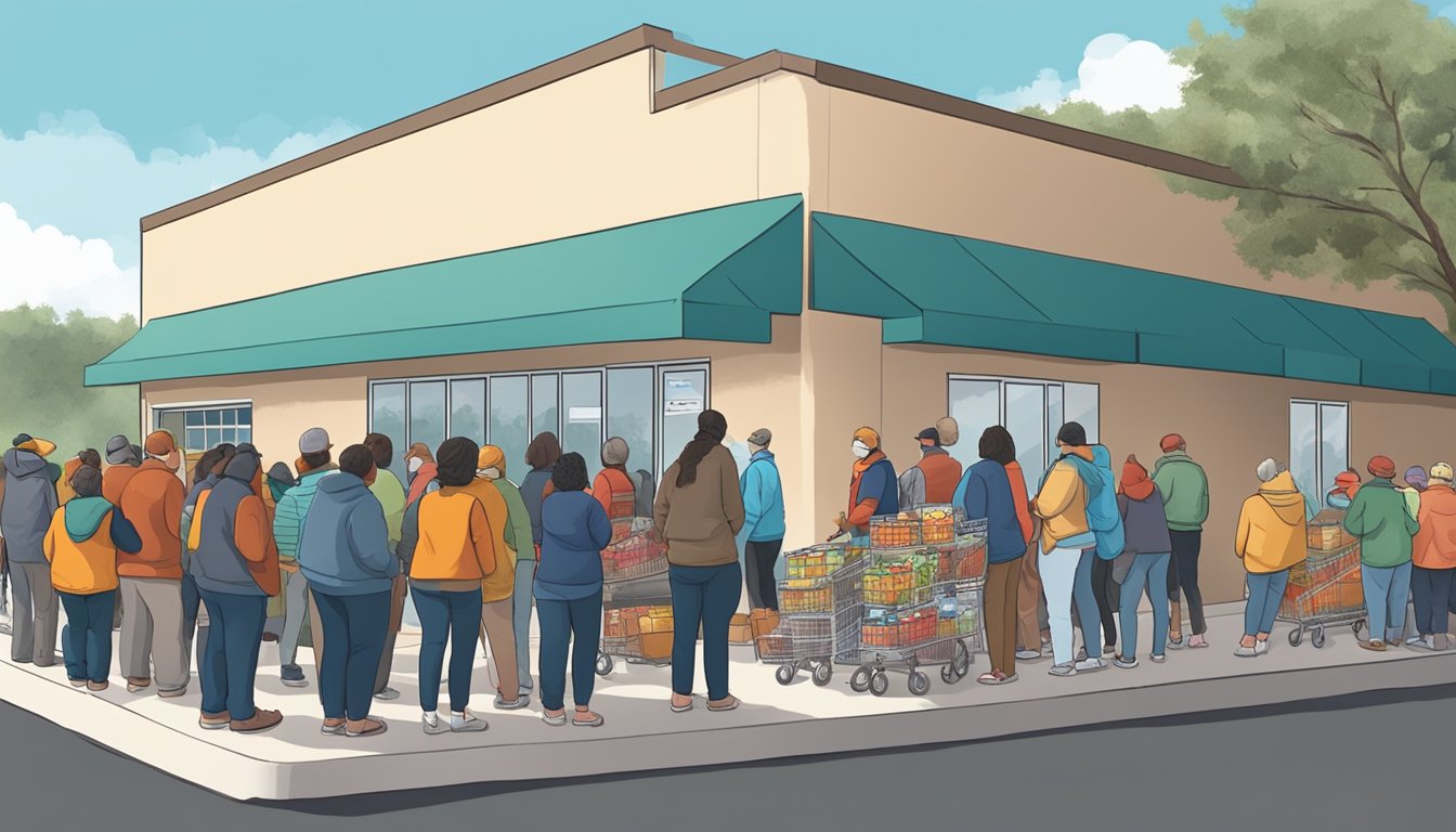 A line of people waiting outside a food pantry in Frio County, Texas, with volunteers distributing free groceries and assistance during a crisis