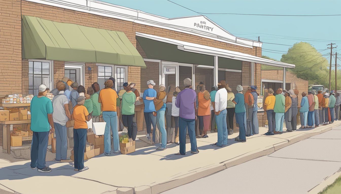 A line of people waiting outside a food pantry in Donley County, Texas, with volunteers handing out free groceries to those in need