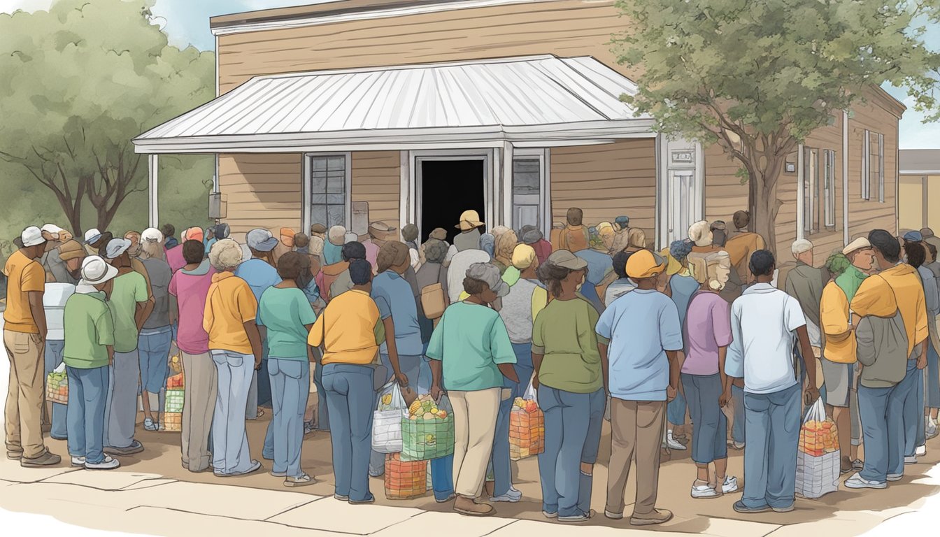 A line of people waiting outside a food pantry in Glasscock County, Texas, with volunteers handing out free groceries and supplies