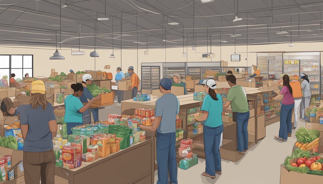 A bustling food pantry in Donley County, Texas, with volunteers distributing free groceries to those in need