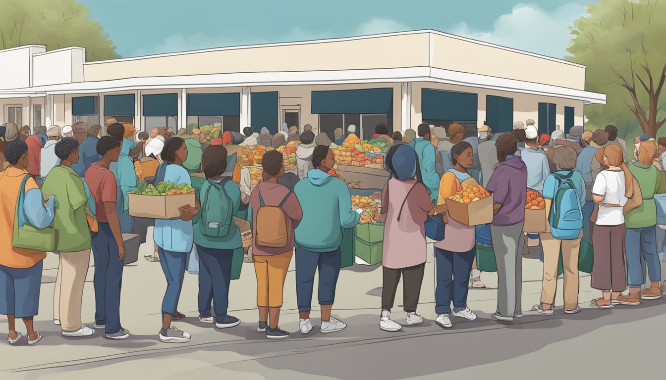 A line of people waiting outside a food pantry in Glasscock County, Texas, with volunteers distributing free groceries to those in need