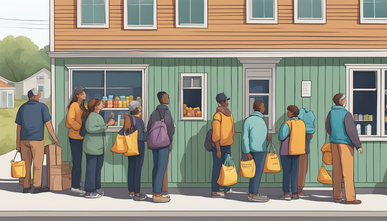 A line of people waiting outside a small food pantry in a rural town, with volunteers handing out bags of groceries