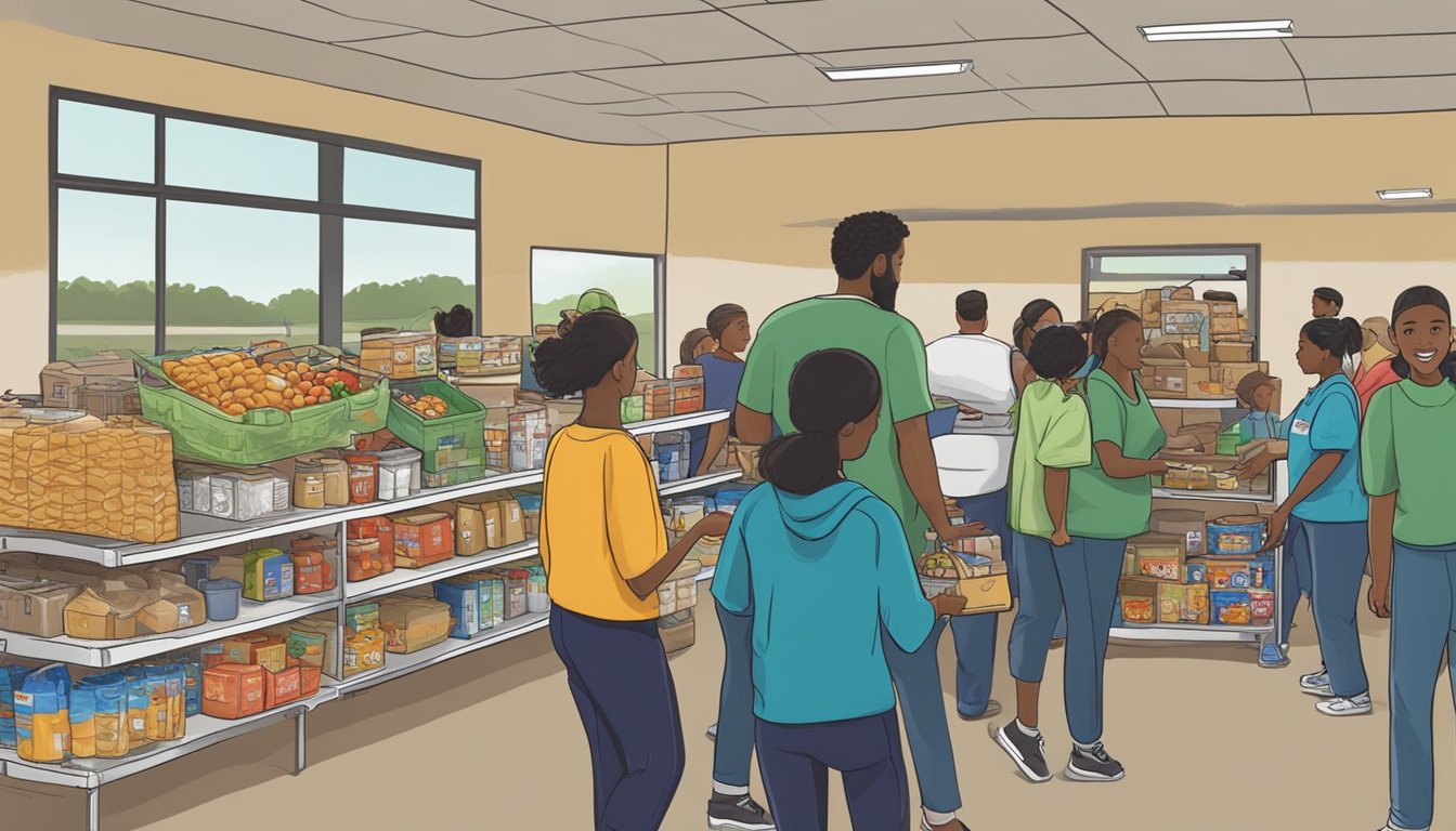 A bustling food pantry in Glasscock County, Texas, with volunteers distributing free groceries to those in need