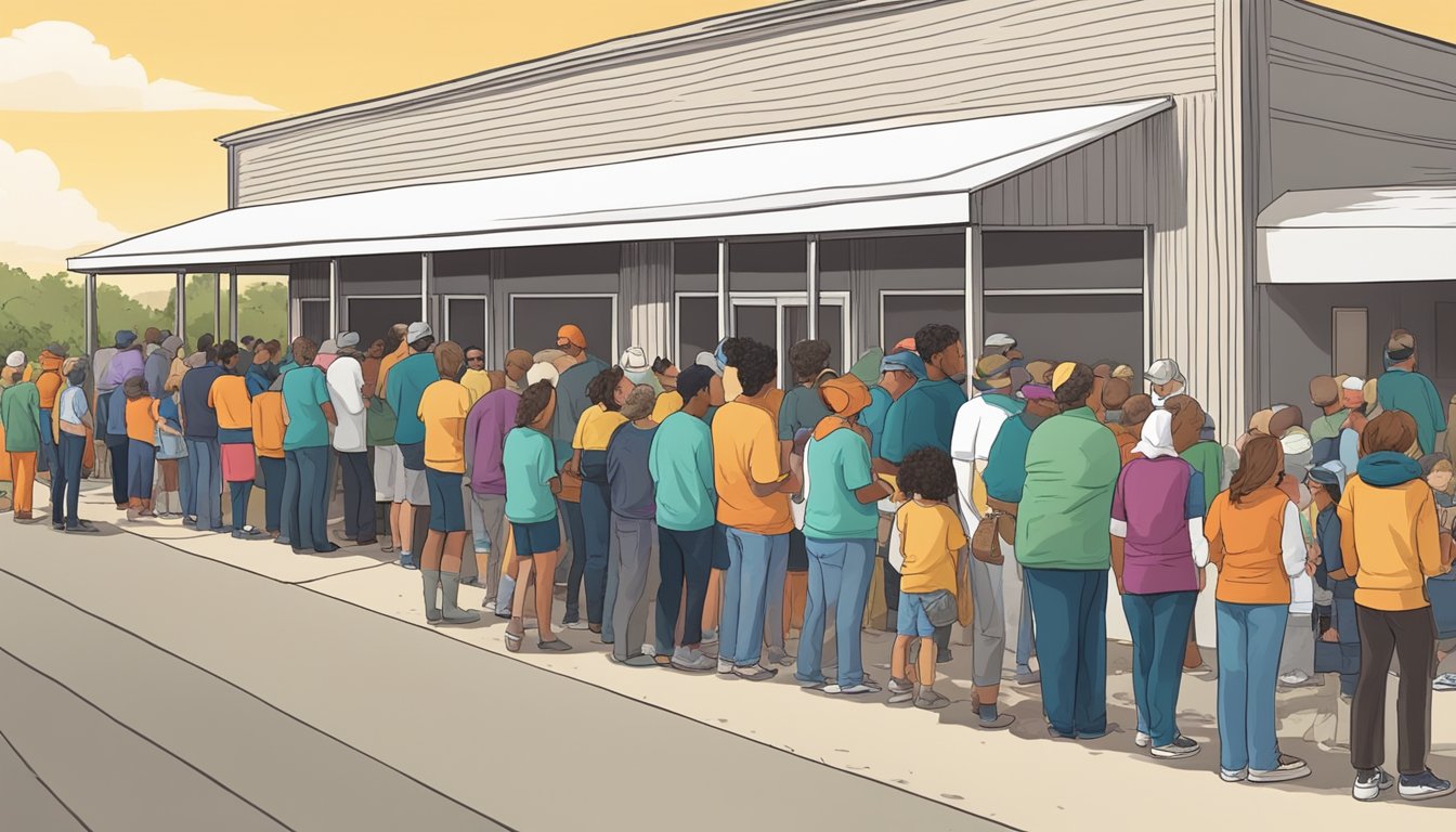 A line of people waiting outside a food pantry in Garza County, Texas, with volunteers distributing free groceries to those in need