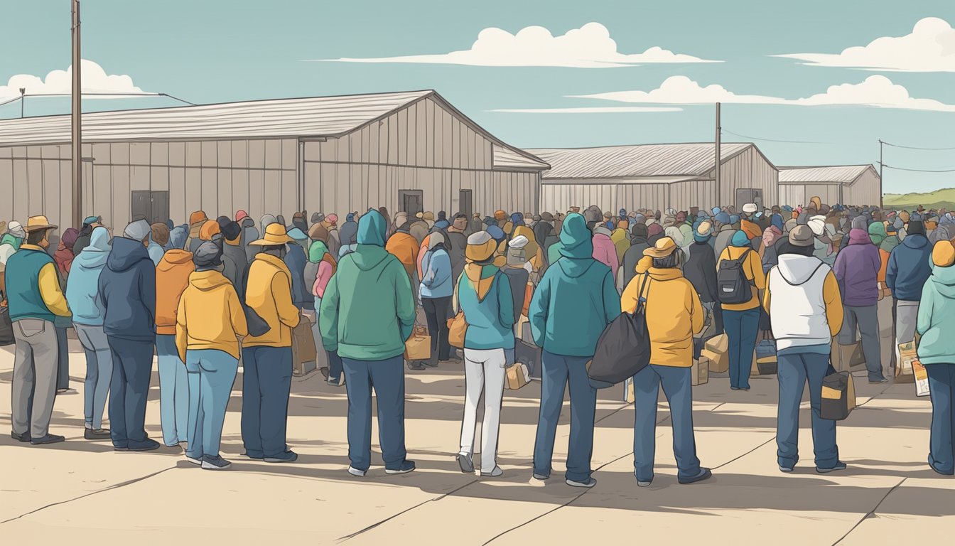 A line of people waits outside a food distribution center in Donley County, Texas. Volunteers hand out groceries and supplies to those in need