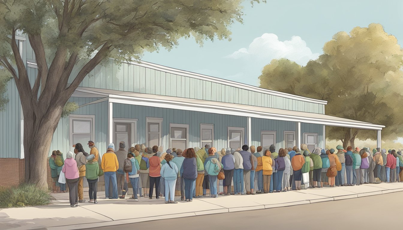 A line of people waiting outside a food pantry in Garza County, Texas, with volunteers distributing free groceries