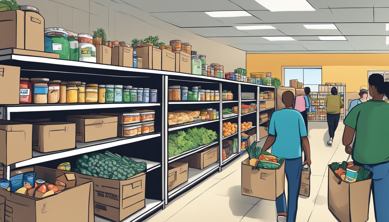 A bustling food pantry in Donley County, Texas, with shelves stocked full of nutritious groceries and volunteers assisting those in need