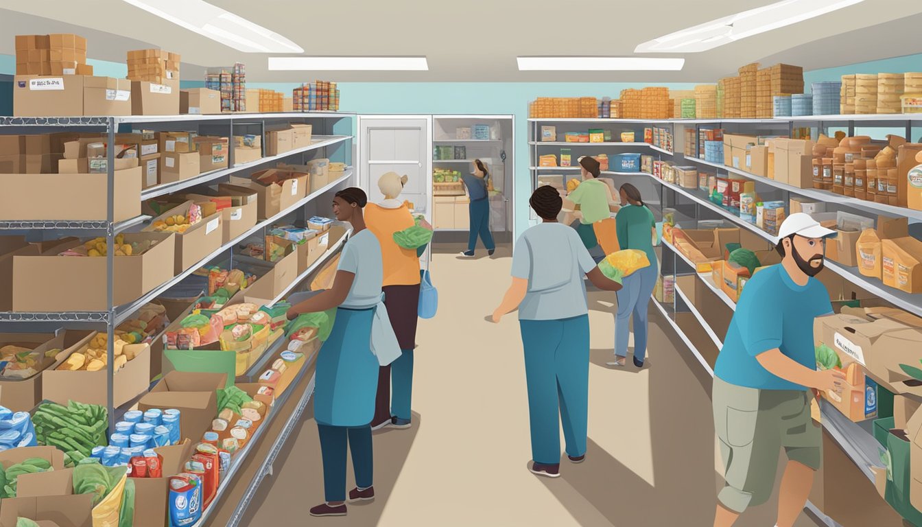 A bustling food pantry in Donley County, Texas, with volunteers distributing free groceries to those in need