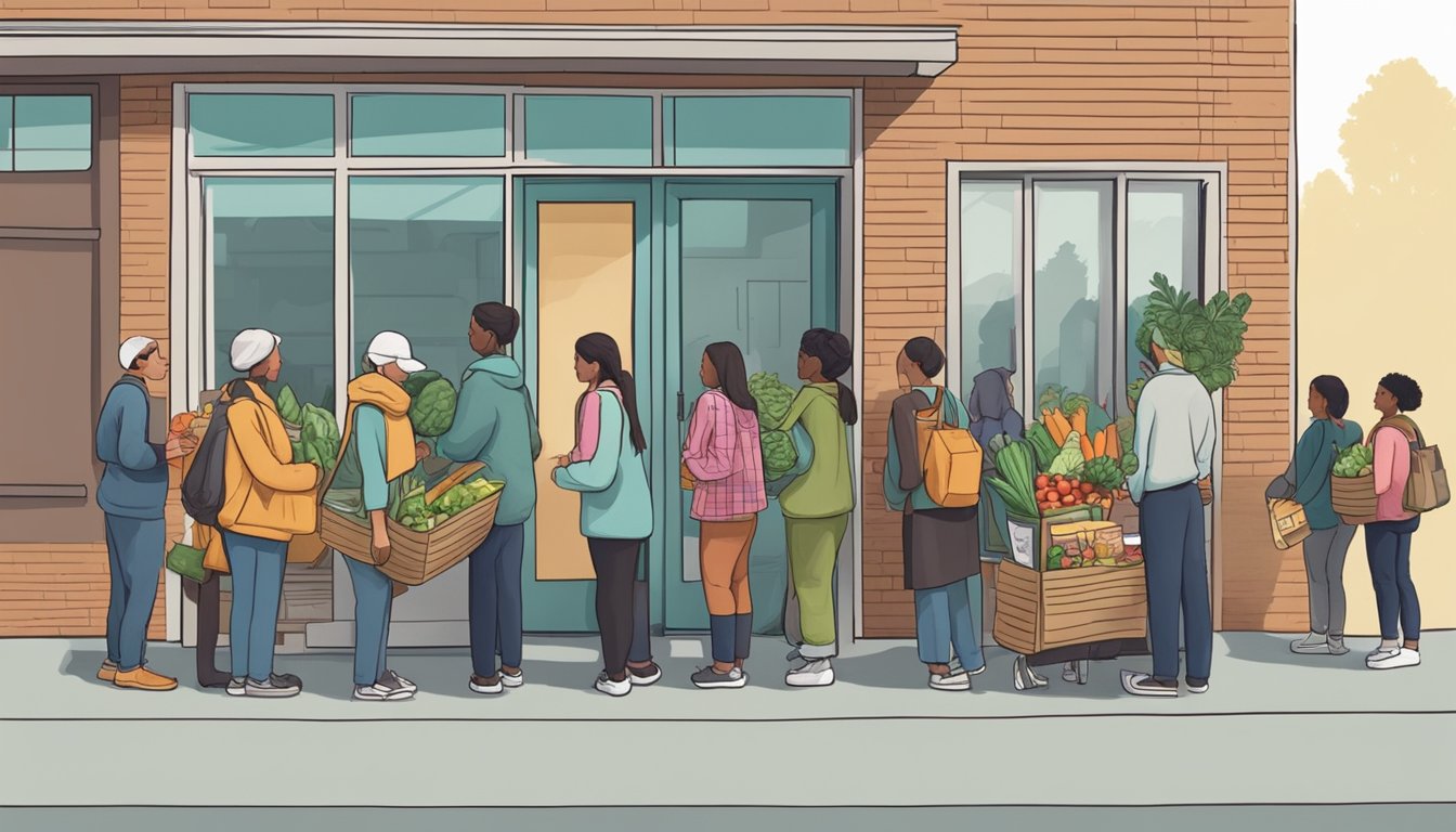 A line of people waiting outside a small food pantry, with volunteers handing out bags of groceries and fresh produce