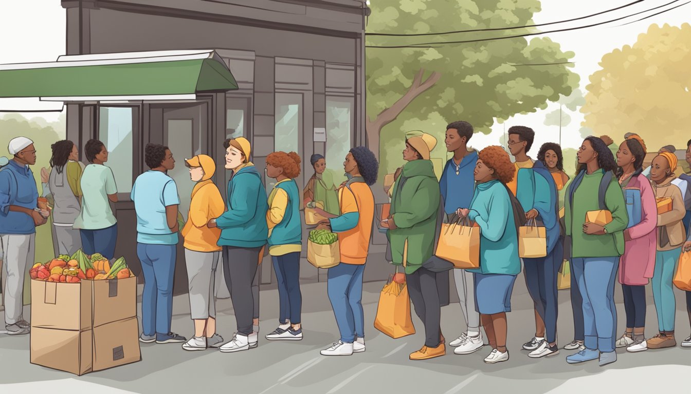 A line of people waiting outside a food pantry, with volunteers handing out bags of groceries