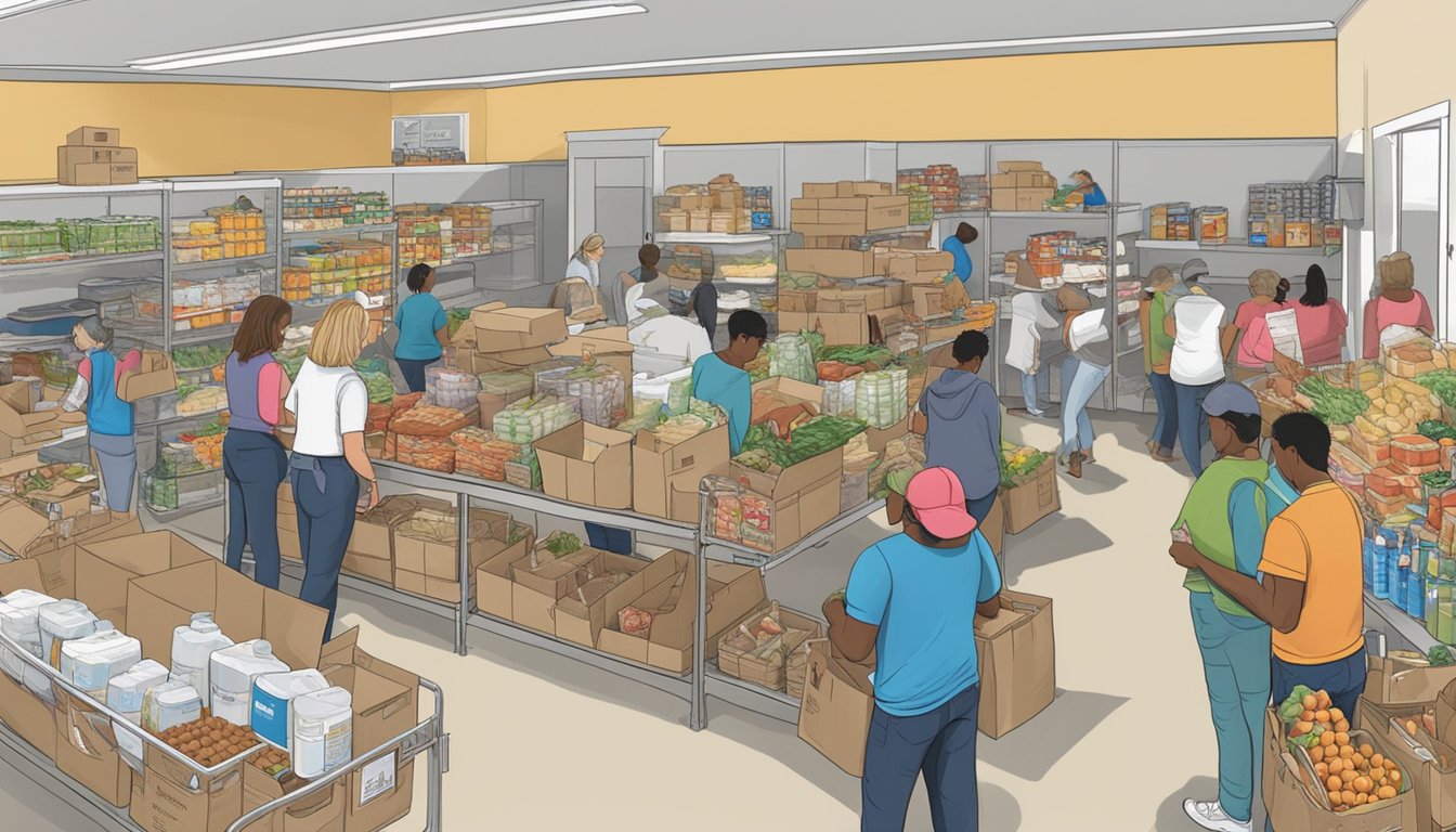 A bustling food pantry in Garza County, Texas, with volunteers distributing free groceries to those in need