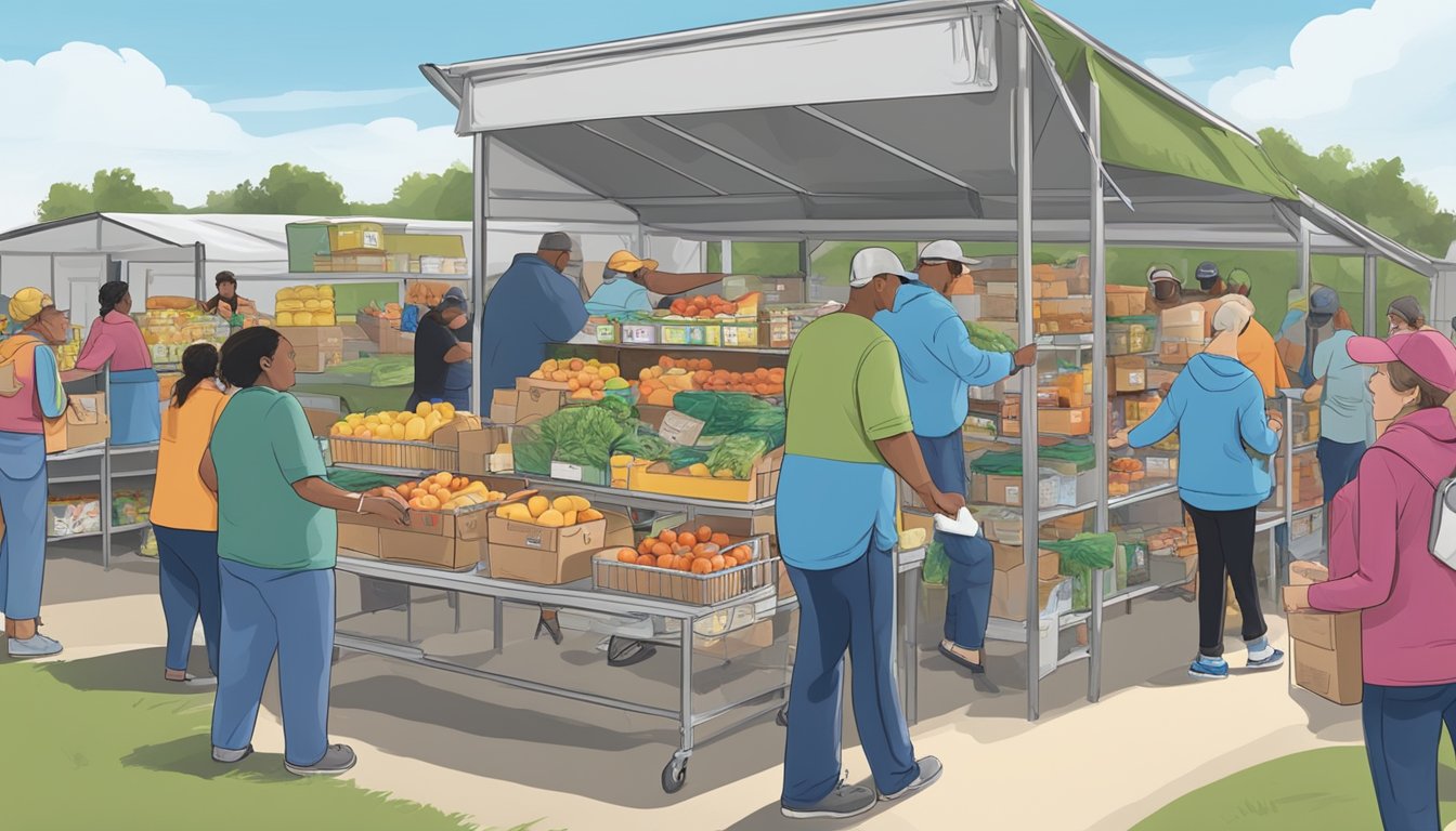 A bustling food pantry in Gray County, Texas, with volunteers distributing free groceries to those in need