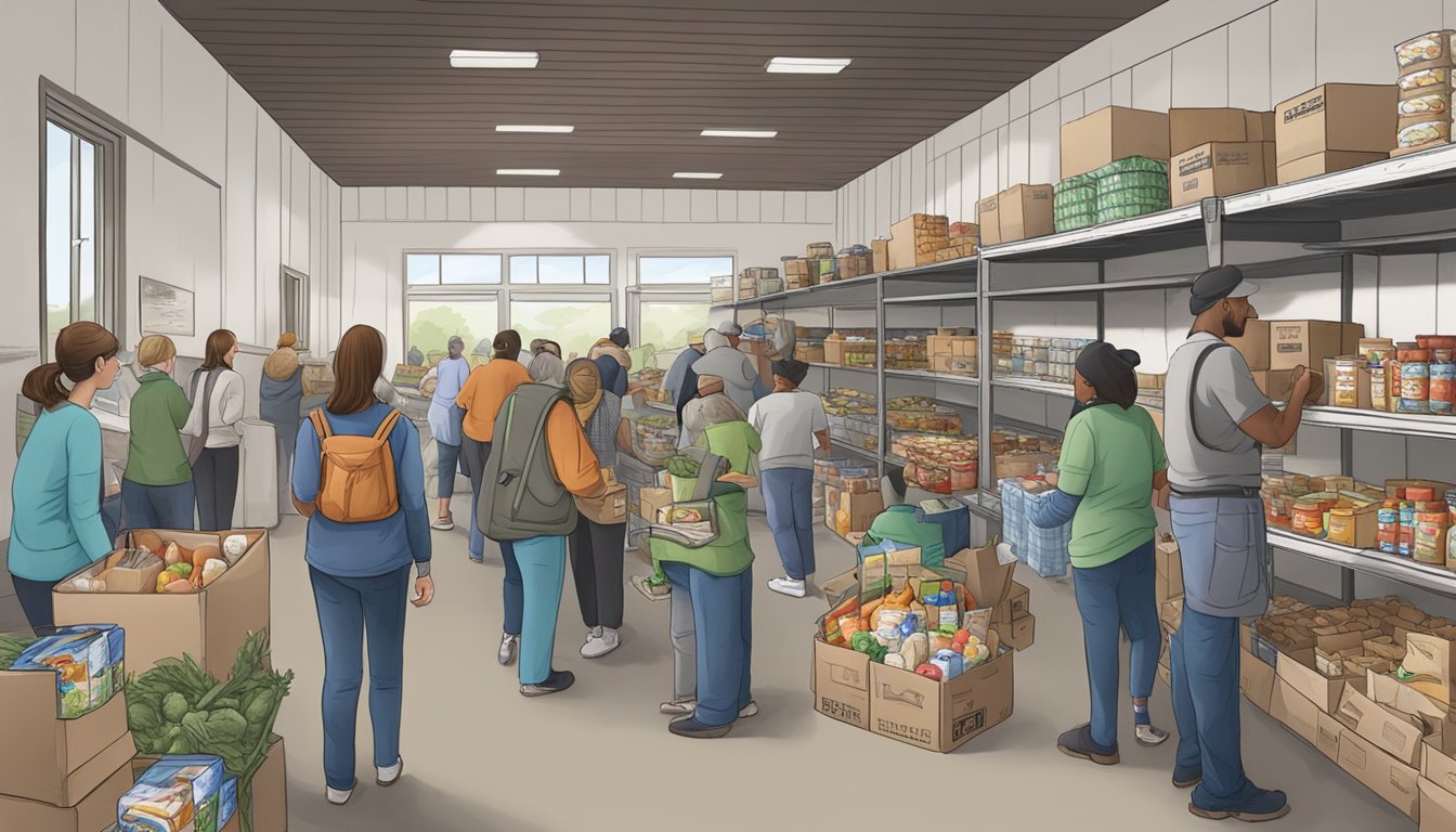 A bustling food pantry with volunteers distributing groceries to needy families in Gray County, Texas