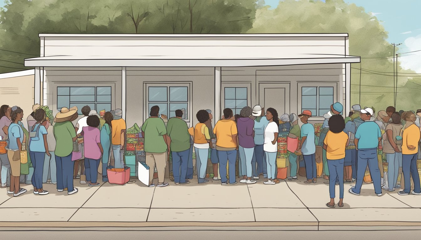 People lining up outside a food pantry in Garza County, Texas, receiving free groceries and community support