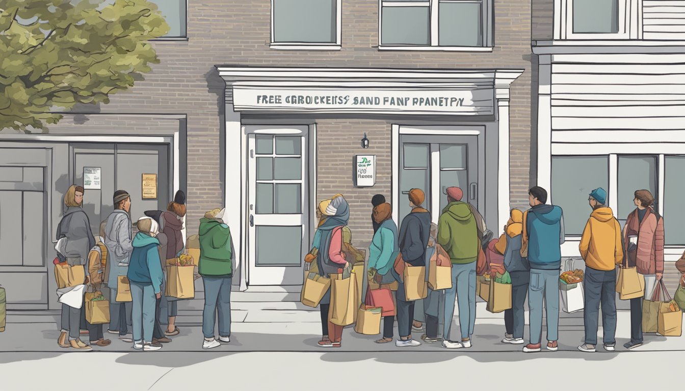 A line of people waits outside a gray building with a sign reading "Free Groceries and Food Pantry." Volunteers hand out bags of food