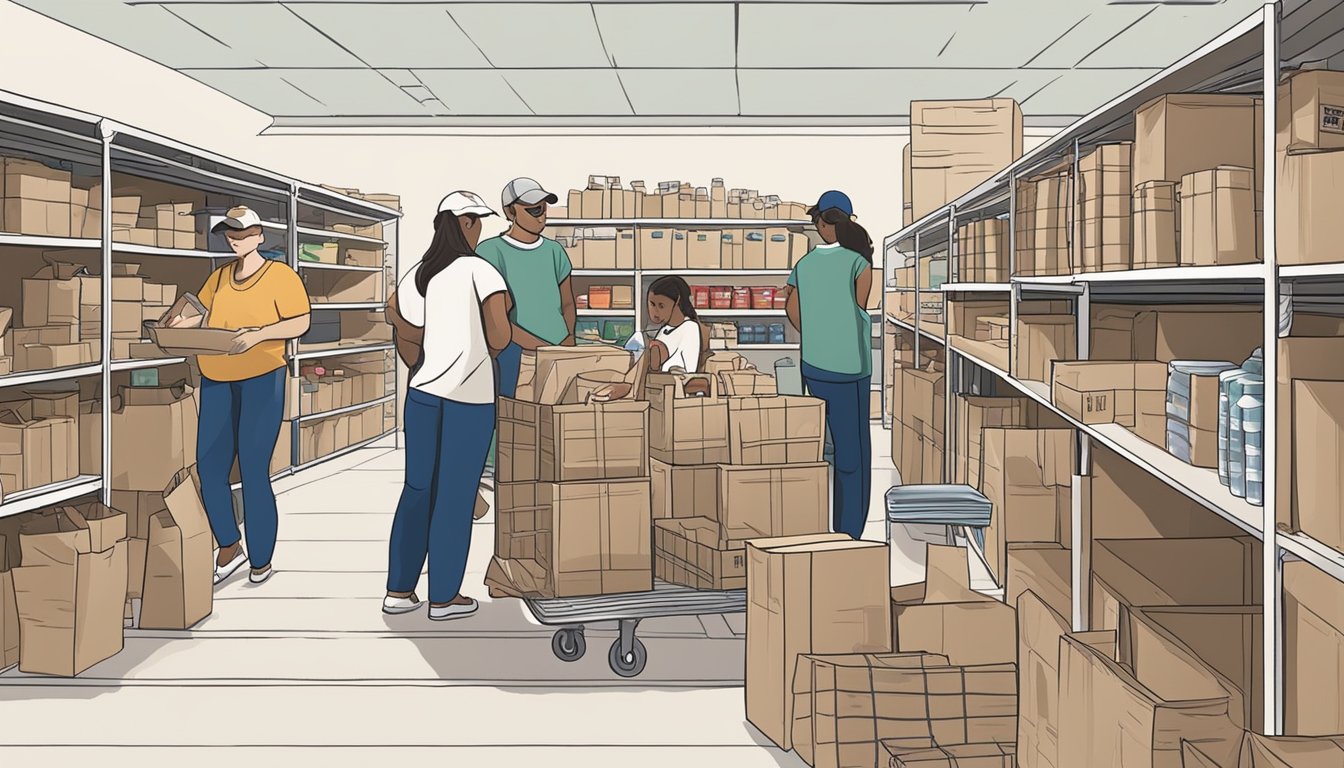 A bustling food pantry in Garza County, Texas, with volunteers distributing free groceries to those in need