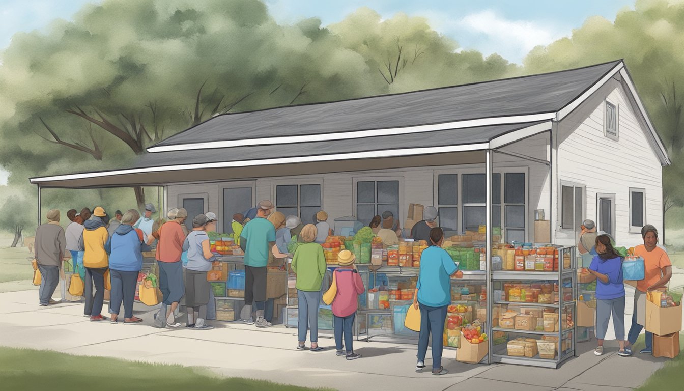 A small, bustling food pantry in Gray County, Texas, with volunteers distributing free groceries to low-income families in need