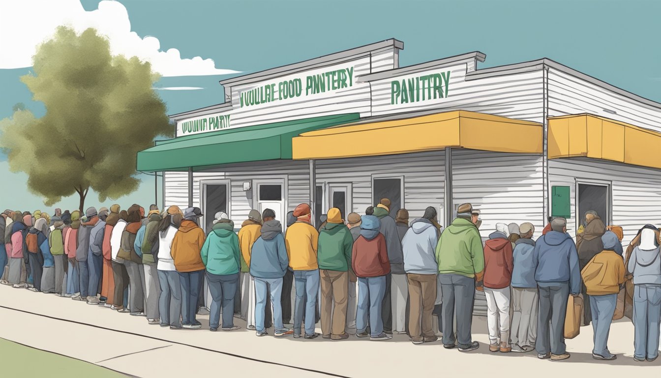 A line of people wait outside a gray county Texas food pantry, where volunteers distribute free groceries and seasonal assistance to those in need