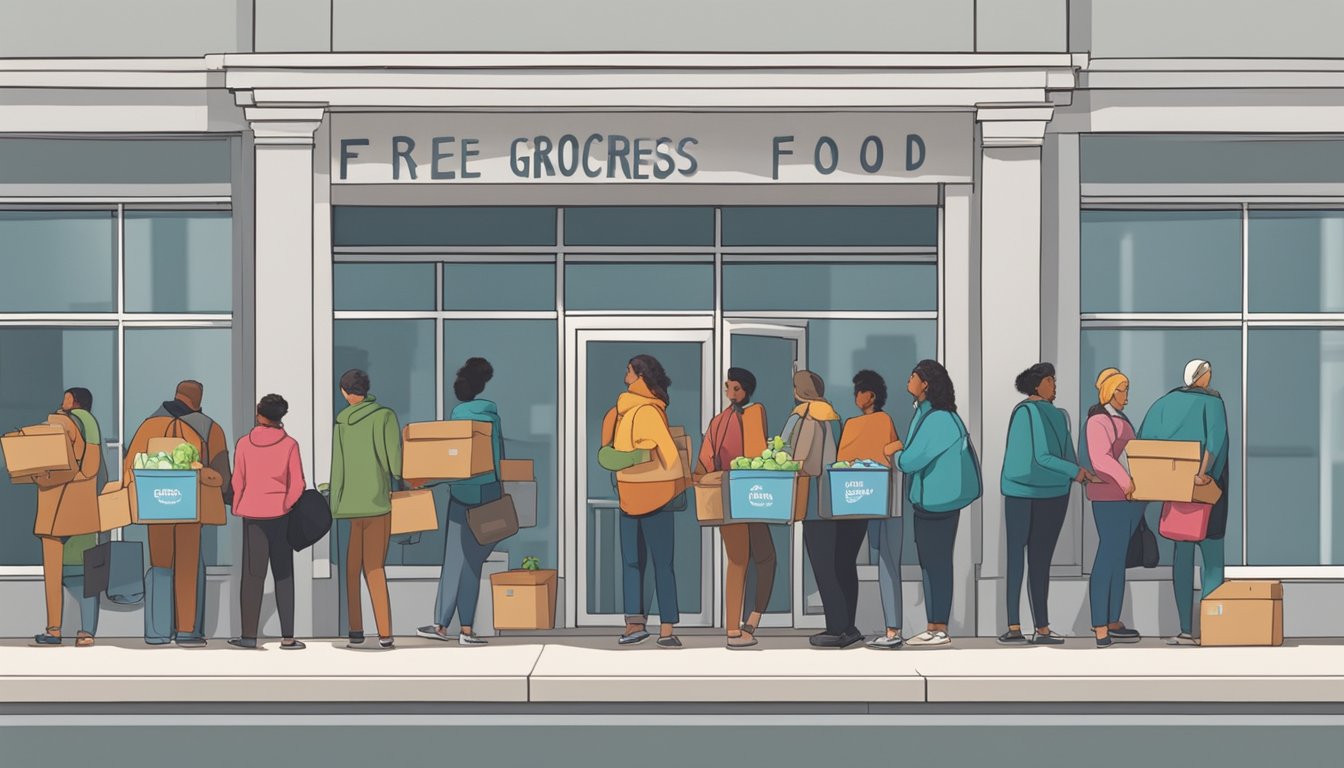 A line of people wait outside a gray building with a sign for "Free Groceries and Food Pantries." Volunteers carry boxes of food inside